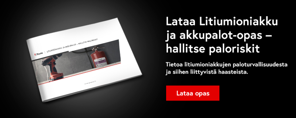 Bannerikuva, jossa lukee tekstillä Lataa litiumioniakku ja akkupalot -opas, ja hallitse paloriskit. Toimintonappi, jossa on teksti Lataa opas.