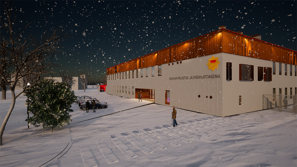 Talvinen havainnekuva Nekalan pelastus- ja ensihoitoasemasta