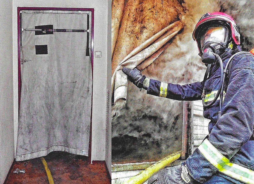 Yksi palomies voi kiinnittää oviverhon. Verho estää savua virtaamasta oviaukosta ja rajoittaa palon hapen saantia. Kuvakaappaukset: Soldats du Feu 121/2024.