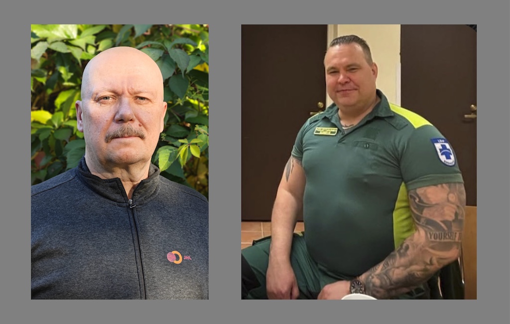 Pelastus- ja ensihoitoalan Unioni JHL:n uusi puheenjohtaja on pelastaja AMK-sairaanhoitaja Miikka Viitala (vas.) ja varapuheenjohtaja ensihoitaja Miko Määttä.